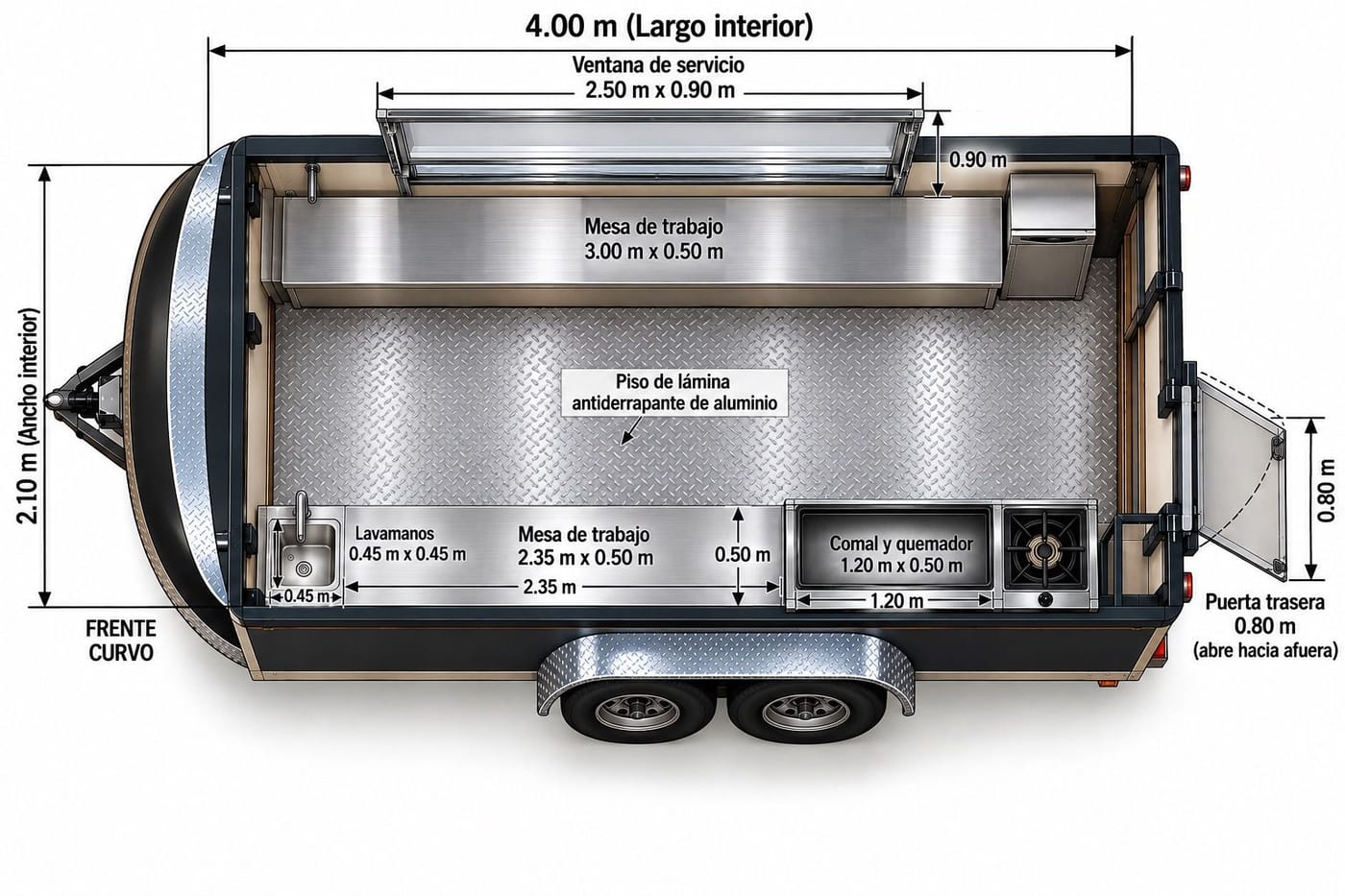 Plano de distribución interior del food trailer de 4 metros con medidas