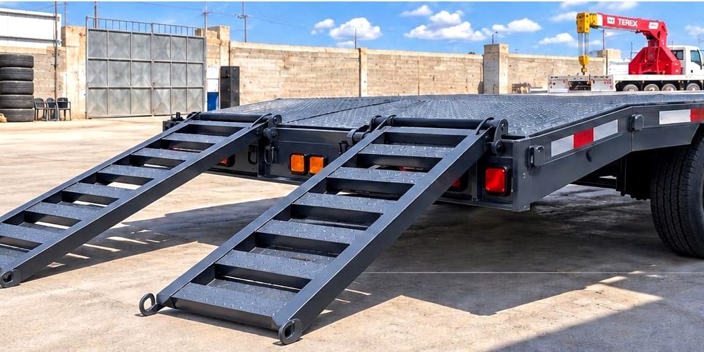 Remolque para equipo con rampas de escalera desplegadas