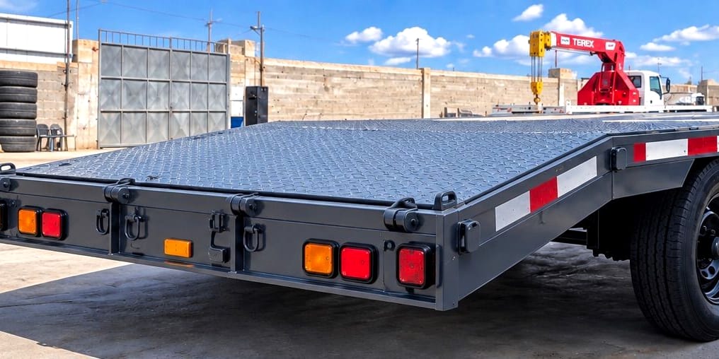Remolque para equipo con rampas guardadas, vista trasera