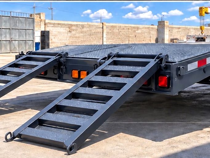 Remolque para equipo gris con rampas traseras desplegadas